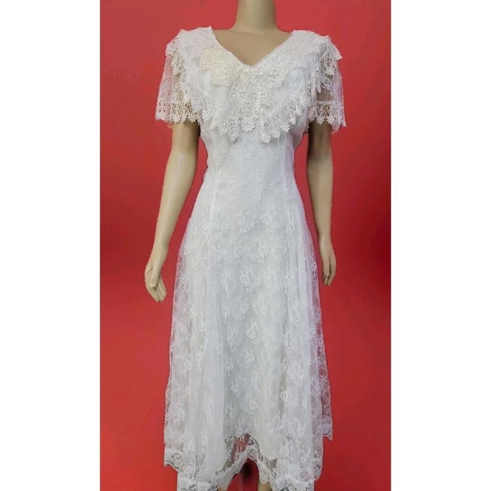 Scott McClintock White Lace Bridal Gown Sz 8 V-Neck Flutter Slv Wedding Dress #B